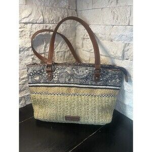 Sakroots Woven Straw Black Tan Boho Satchel Leather Straps Shoulder Purse